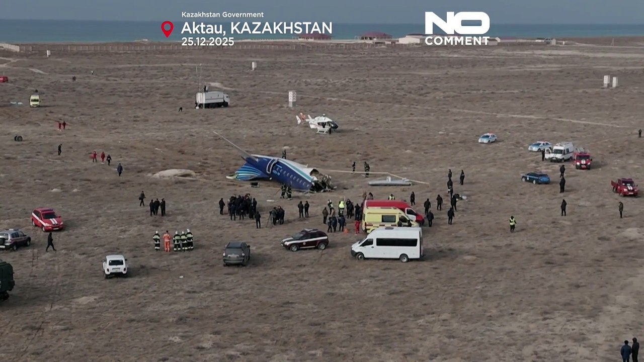 Drone image of wreckage after Azerbaijan Airlines plane crash in Kazakhstan