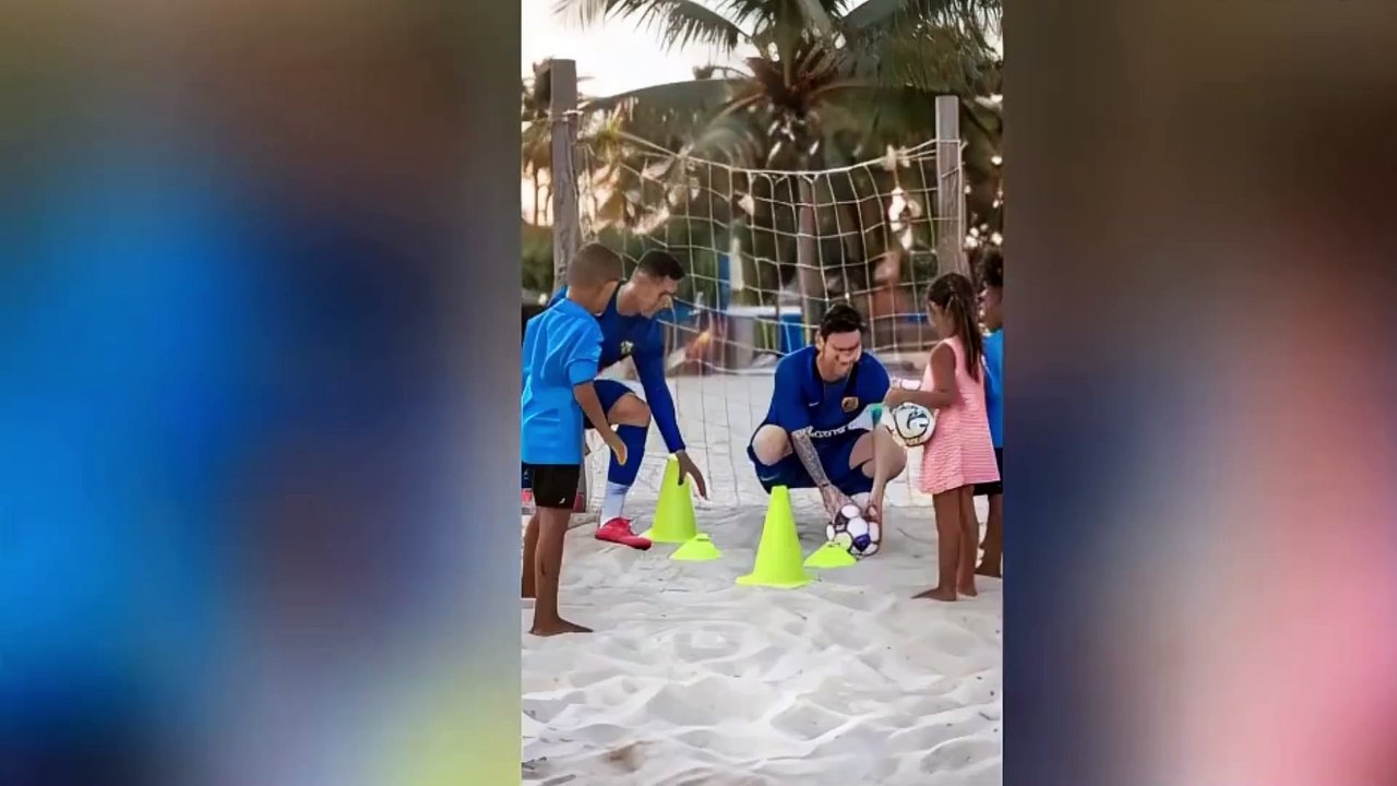Lionel Messi and Cristiano Ronaldo are on a sunny tropical beach, playing barefoot soccer with a group of children