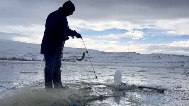 Çıldır Gölü’nde Eskimo usulü ağla balık avı