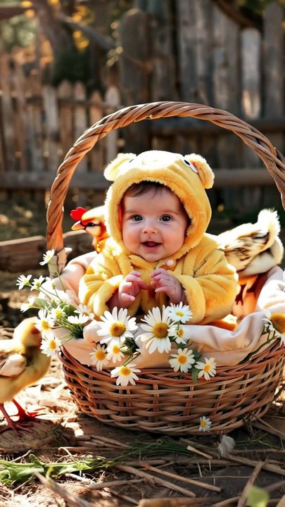 Baby in a Flower Basket Playing with Cute Chicks 🌸🐥
