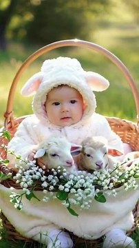 Baby In Flowers Baskit Playing With Small Chicks & Squirrels