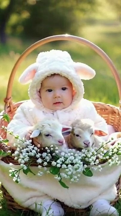 Baby In Flowers Baskit Playing With Small Chicks & Squirrels