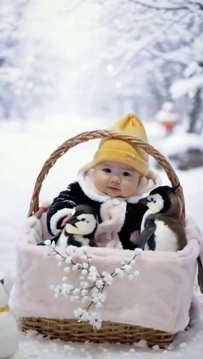 Baby Playing in a Snowy Basket with Penguins 🐧❄️  Cutest Winter Moments!