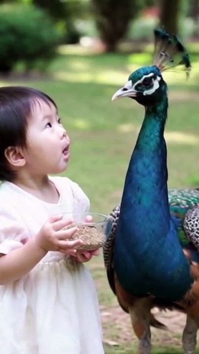 Baby Girl's Magical Playtime with a Majestic Peacock in the Park