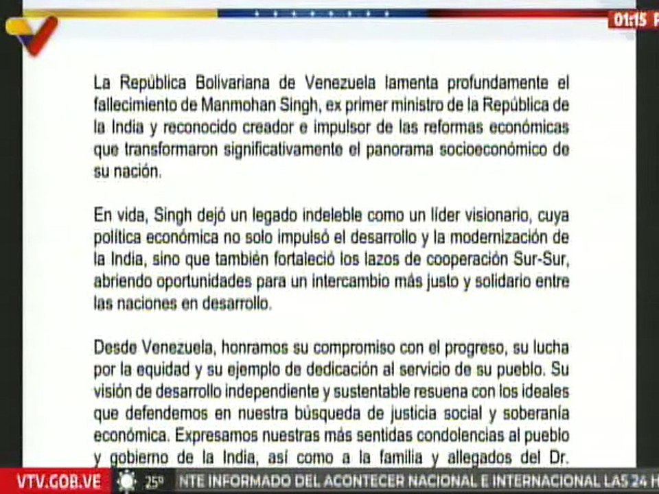 Venezuela lamenta profundamente el fallecimiento del ex primer ministro de la India Manmohan Singh
