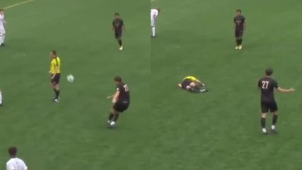 Arbitro crolla a terra, abbattuto da una pallonata