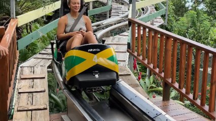 Girl startled by a sudden collision after completing her ride at Mystic Mountain