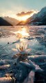 An ice lily blooming on a frozen lake, glowing in the sunset.