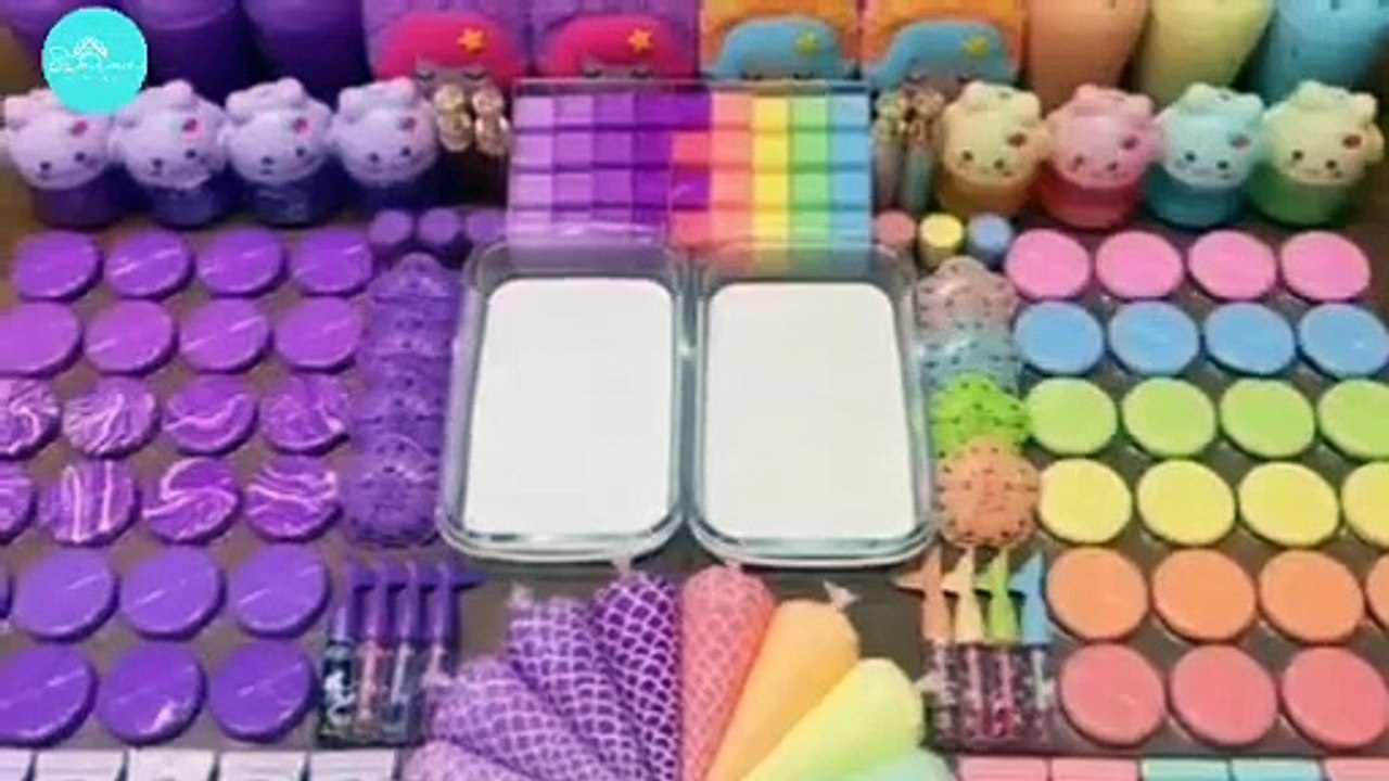 purple Vs rainbow and pigs ASMR Slime Mixing | Makeup & Glitter Surprise!
