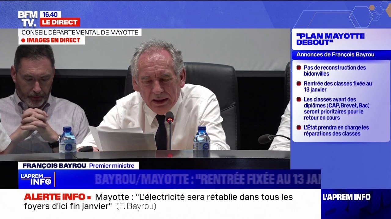 Mayotte: François Bayrou promet une "suspension des cotisations sociales" et des "aides financières d'urgence" pour les entreprises