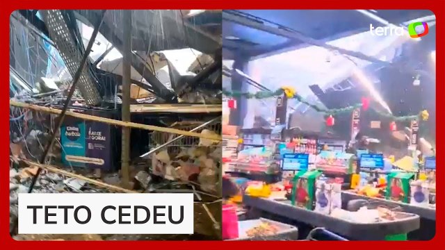 Teto de mercado desaba após forte chuva em SP; duas pessoas ficam feridas