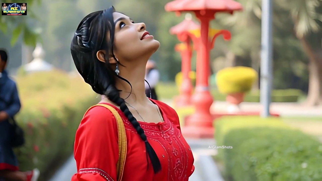 Beautiful shy AI model young girl walking in garden - AIGlamShots