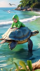 Baby’s Serene Journey: Riding on a Majestic Turtle Through Crystal Waters 🐢👶