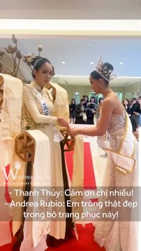 Trang phục Dân tộc của Hoa hậu Huỳnh Thị Thanh Thủy gặp chút vấn đề khi trò chuyện cùng Đương kim Miss International - Andrea Rubio sau phần thi National Costume, diễn ra hôm nay 3/11/2024
