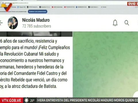 Presidente Nicolás Maduro felicita a la Revolución Cubana por sus 66 años de sacrificio y ejemplo
