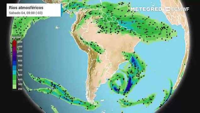 Rios atmosféricos transportam umidade para áreas centrais do Brasil, provocando chuvas intensas nessas regiões.