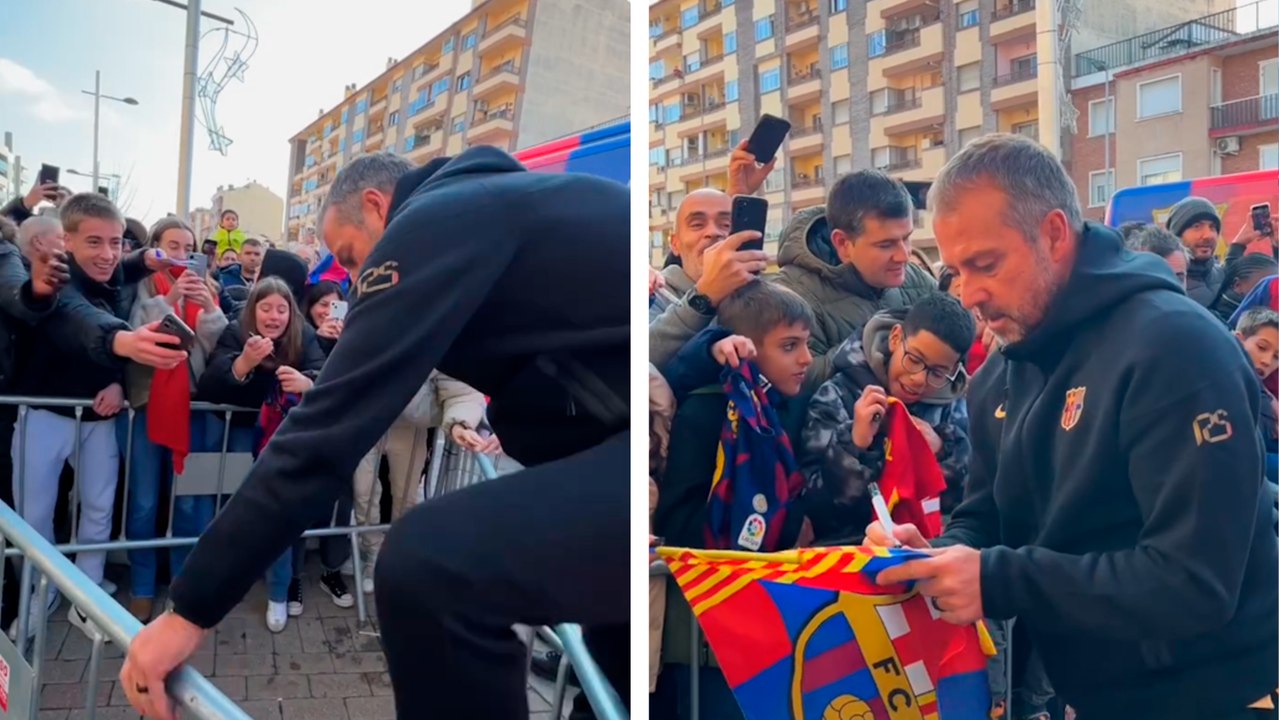 Hansi Flick se salta las bardas de seguridad para saludar a los fans del Barcelona