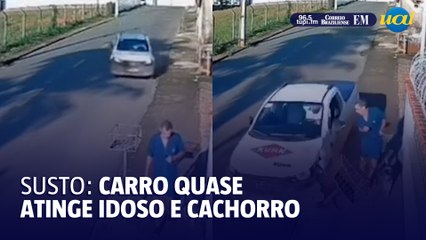 Carro quase atinge idoso e cachorro
