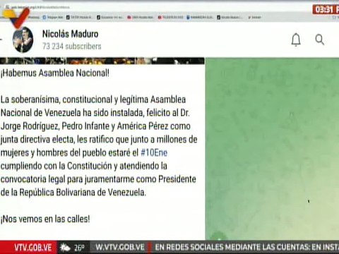 Presidente Nicolás Maduro felicita a la junta directiva de la Asamblea Nacional por su instalación