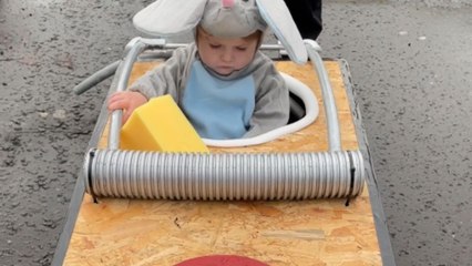 Baby boy shows up at fun Halloween party in cute DIY mouse trap costume