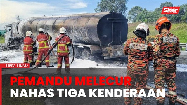 Pemandu lori tangki melecur, nahas tiga kenderaan
