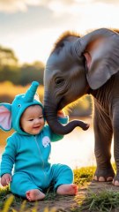 Baby in Elephant Onesie Meets Playful Elephant Calf #viral Video #fyp #usa