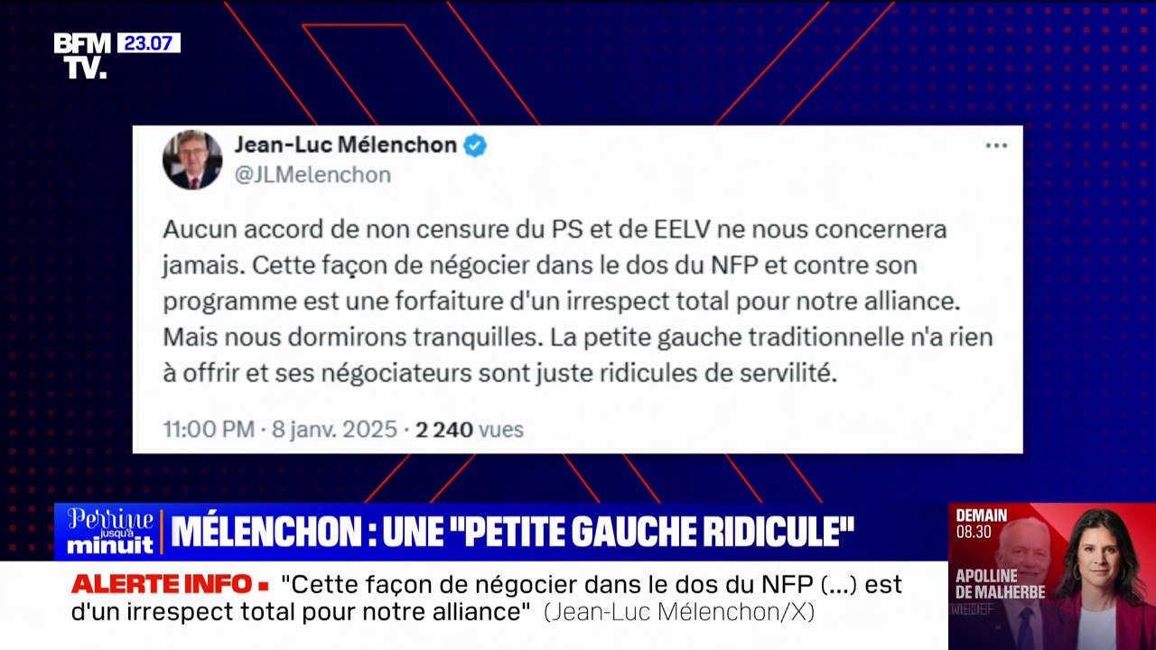 PS-PCF-Écologistes reçus à Bercy: "La petite gauche traditionnelle n'a rien à offrir et ses négociateurs sont juste ridicules de servilité", déclare Jean-Luc Mélenchon
