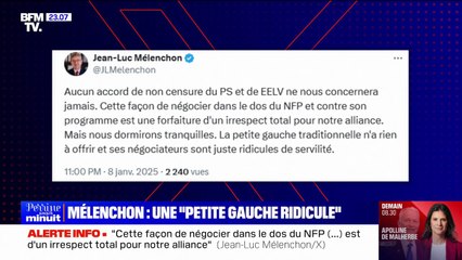PS-PCF-Écologistes reçus à Bercy: "La petite gauche traditionnelle n'a rien à offrir et ses négociateurs sont juste ridicules de servilité", déclare Jean-Luc Mélenchon