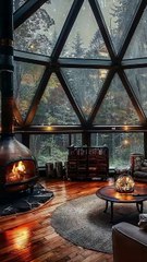 Glass Room Sanctuary with Warmth, Flickering Flames.