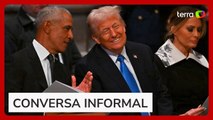 Obama e Trump conversam e trocam sorrisos lado a lado durante funeral de Jimmy Carter