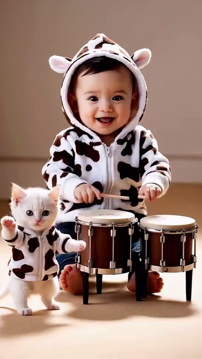 Cute baby dance with cute cat