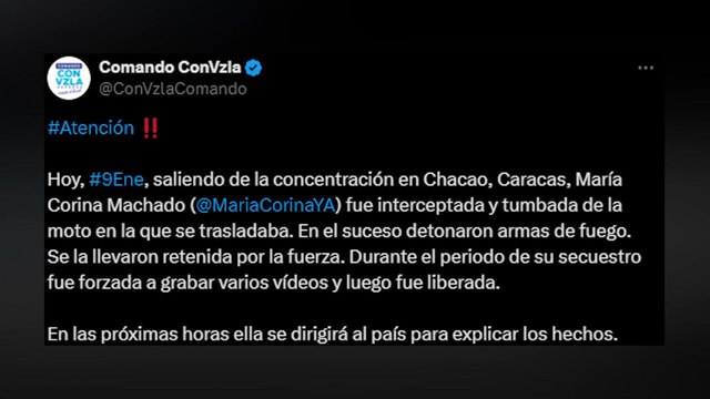 El equipo de campaña de María Corina Machado anuncia la liberación de la opositora venezolana