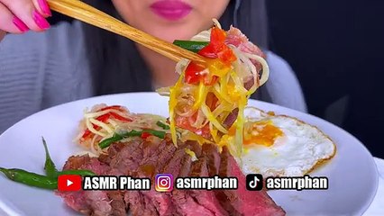 ASMR STEAK DIPPED IN RUNNY YOLK WITH PAPAYA SALAD | MUKBANG | EATING SOUNDS | ASMR PHAN