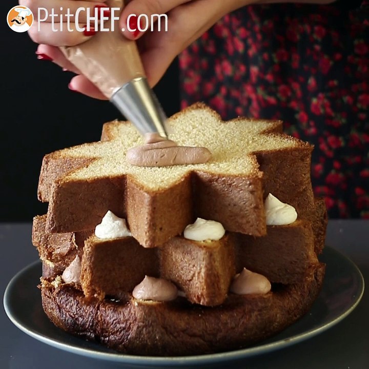 Pandoro-brioche gefüllt mit nutella- und vanillecreme in form eines weihnachtsbaums