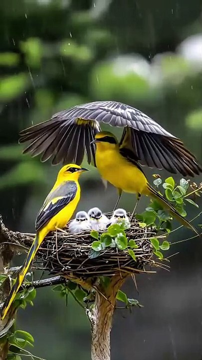 "Adorable Bird Shields Babies from Rain with Amazing Umbrella-like Feathers ❤️! Heartwarming Moment of Paternal Love in the Animal Kingdom! 🐦🌂 Must Watch!"