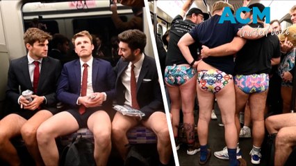 Travellers brace for plummeting temperatures in annual No Trousers Tube Ride