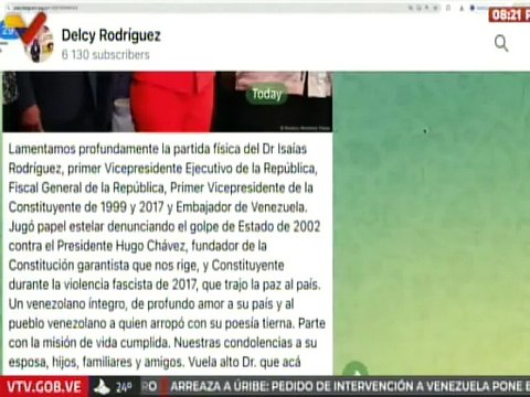 Vpdta. Delcy Rodríguez lamenta profundamente la partida física del revolucionario Isaías Rodríguez
