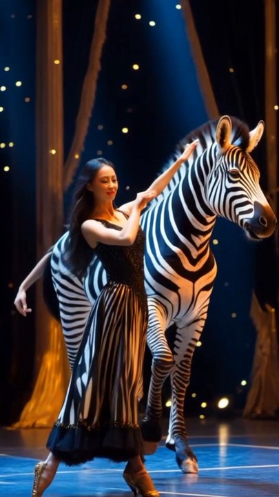 : "Girl Dancing with a Zebra: A Magical Stage Performance!"