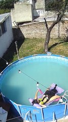 Woman and Her Dog Chill Out in Inflatable Pool