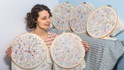 Woman embroiders her daily diary  - creating over 1800 unique icons for each day