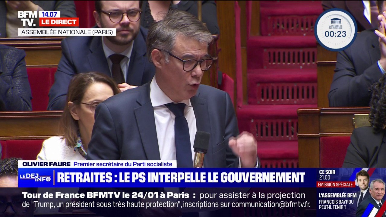 Remise en chantier de la réforme des retraites: "Le Parlement doit avoir le dernier mot", déclare Olivier Faure (PS) en interpellant François Bayrou à l'Assemblée
