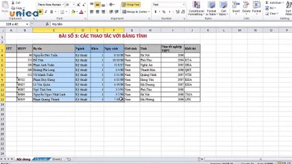 Bài 3: Các thao tác với bảng tính