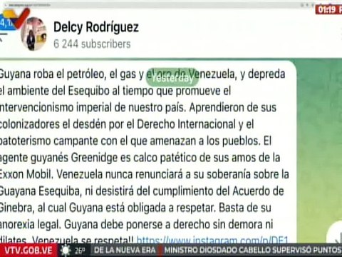 Vcpdta. Rodríguez denuncia a Guyana por robo de petróleo, gas, oro y daños al ambiente del Esequibo