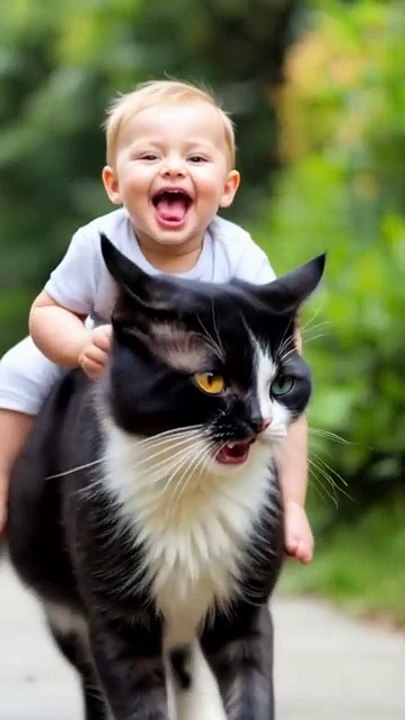 Adorable baby riding cat and laughing #cat #baby #laugh #viral #fyp #trendingnow