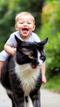 Adorable baby riding cat and laughing #cat #baby #laugh #viral #fyp #trendingnow
