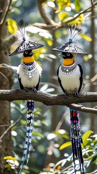 Stylish Pair of Birds with Unique Headpieces and Bejeweled Feathers