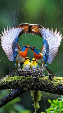 Rainy Day Sanctuary: Parent Birds Displaying Care with Their Protective Wings