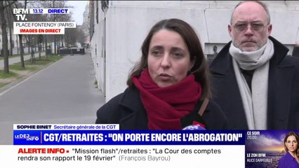 "La CGT a porté encore une fois la nécessité d'abroger cette réforme des retraites", souligne Sophie Binet après la réunion avec François Bayrou