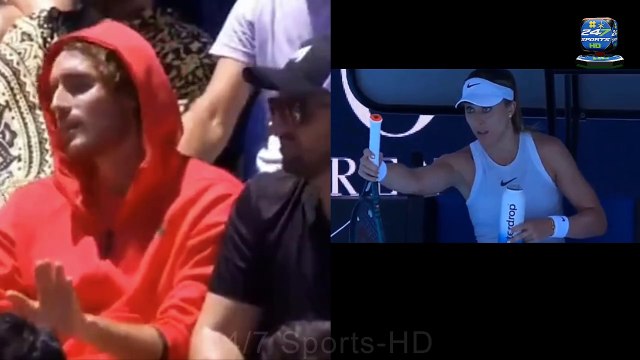 Hilarious moment Paula Badosa offers boyfriend Stefanos Tsitsipas her racquet while he told her to CALM DOWN during Australian Open clash - after he was knocked out in first round