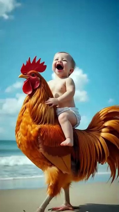 Funny Baby Riding Red Rooster #baby  #Roosters  #funny #funnyvideo #viralvideo  #viral #fypシ #TrendingNow